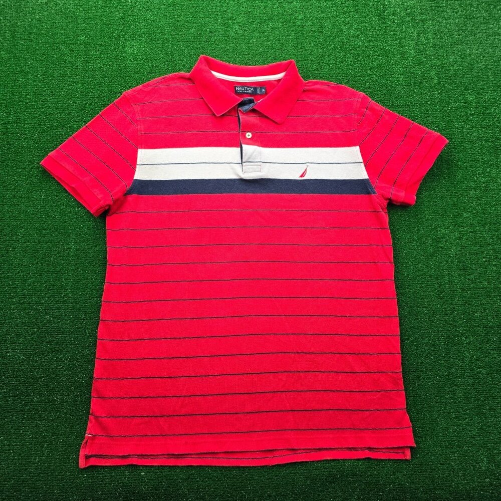 Nautica Polo Shirt Mens XL Red Striped Slim Short Sleeve‎ Preppy Golf Summer